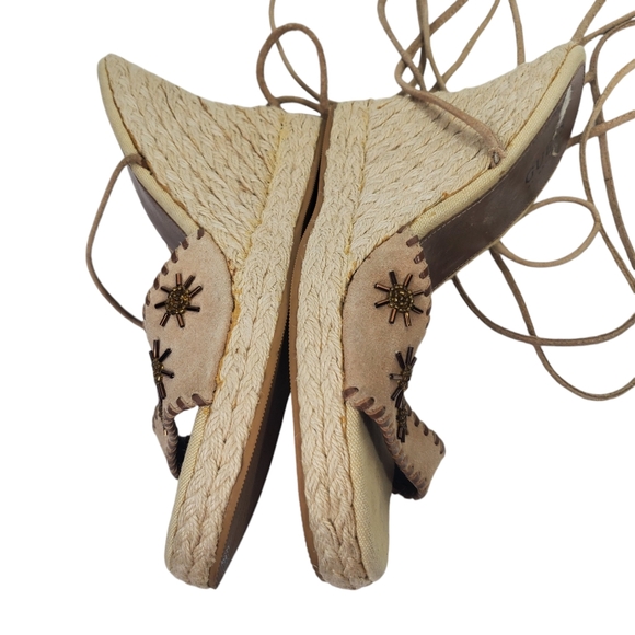 GUESS Wedge Espadrille Lace Up Sandals Proper Beaded Cream Beige Sz 7 - Picture 6 of 12